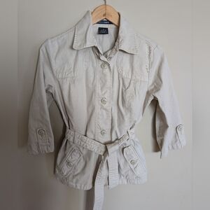 French Cuff khaki beige/tan button up 3/4 sleeve jacket with belt size small